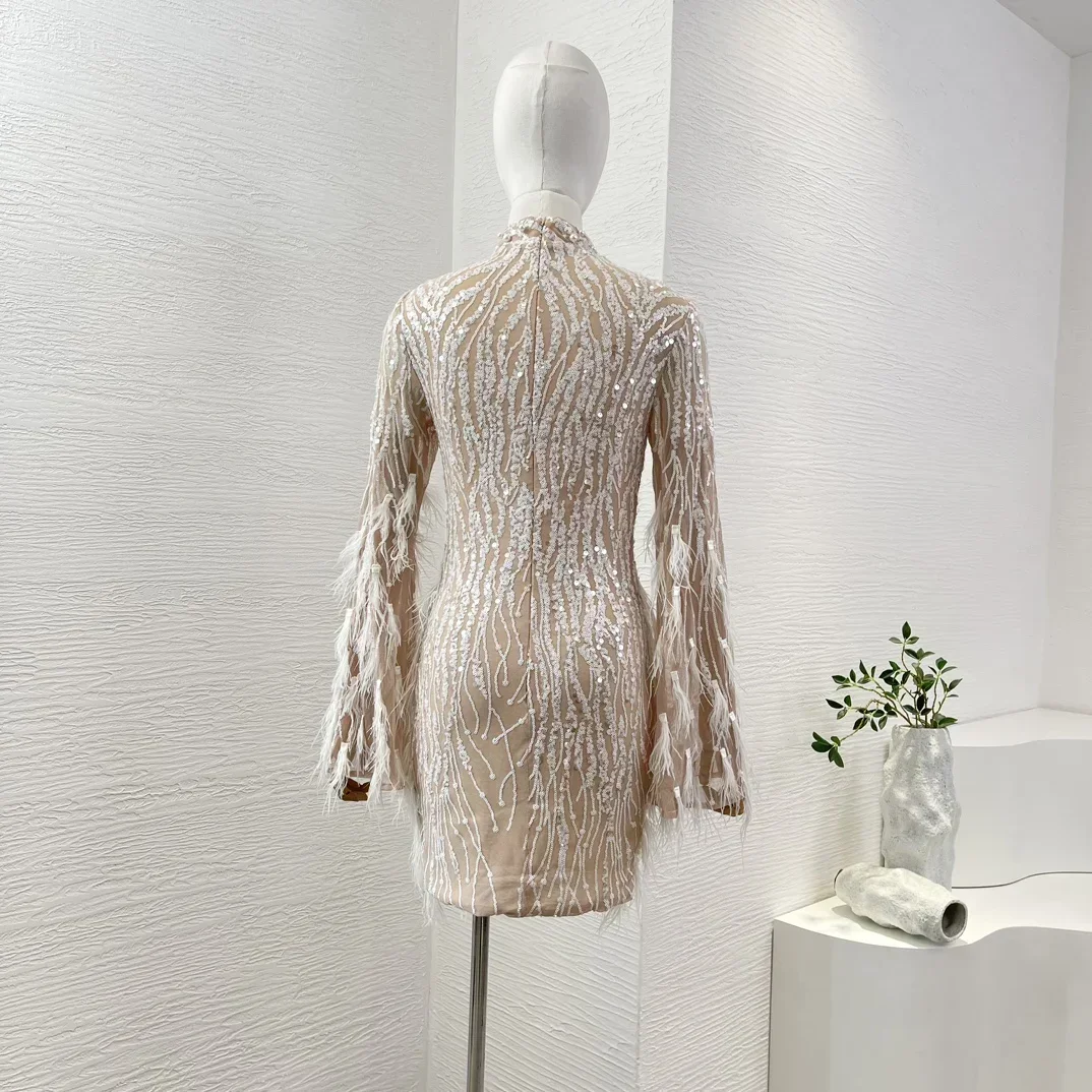 2024 New Women Autumn Long Sleeve Feather Sequins Beading Stand Collar Mini Dress