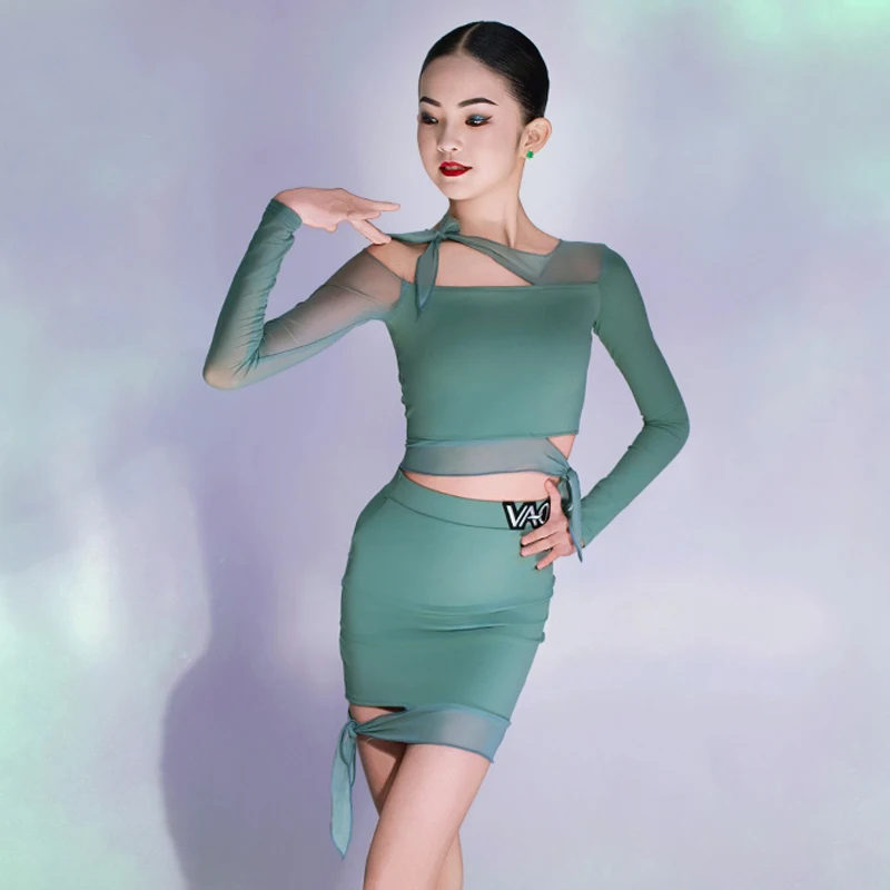 New Kids Latin Dance Clothes Girls Green Performance Suit Long Sleeves Tops Skirt Rumba Cha Cha Dance Practice Clothing  BL14752