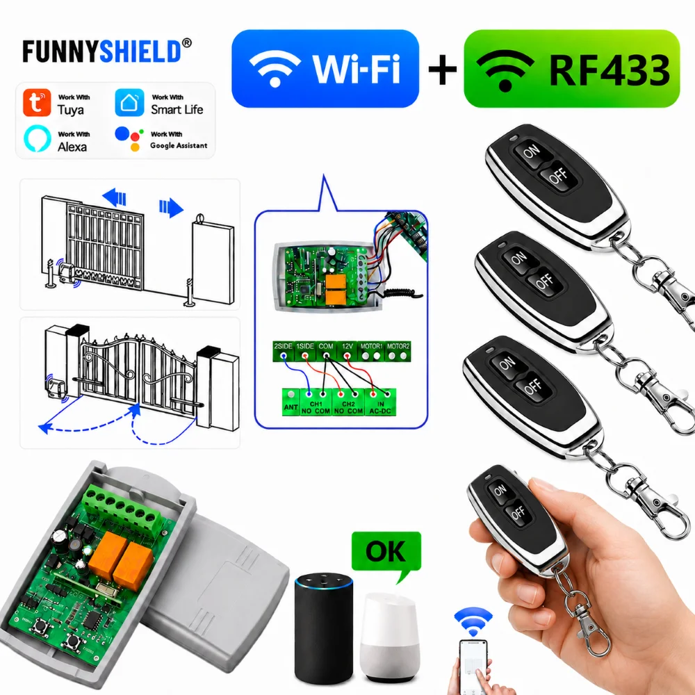 FUNNYSHIELD Universal Works With Tuya 433MHz Fixed Rolling Code Garage Gate Remote Control Receiver 2CH Wifi Smart Switch Module