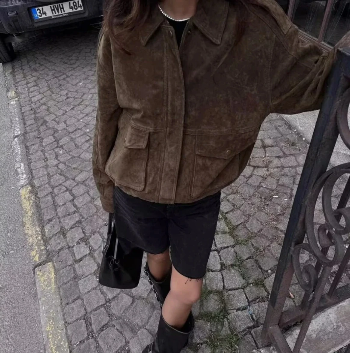 

Spring New Women Old Money Style Lapel Pocket Loose Fit Suede Bomber Jacket Casual Outerwear Vintage Blazer Coat