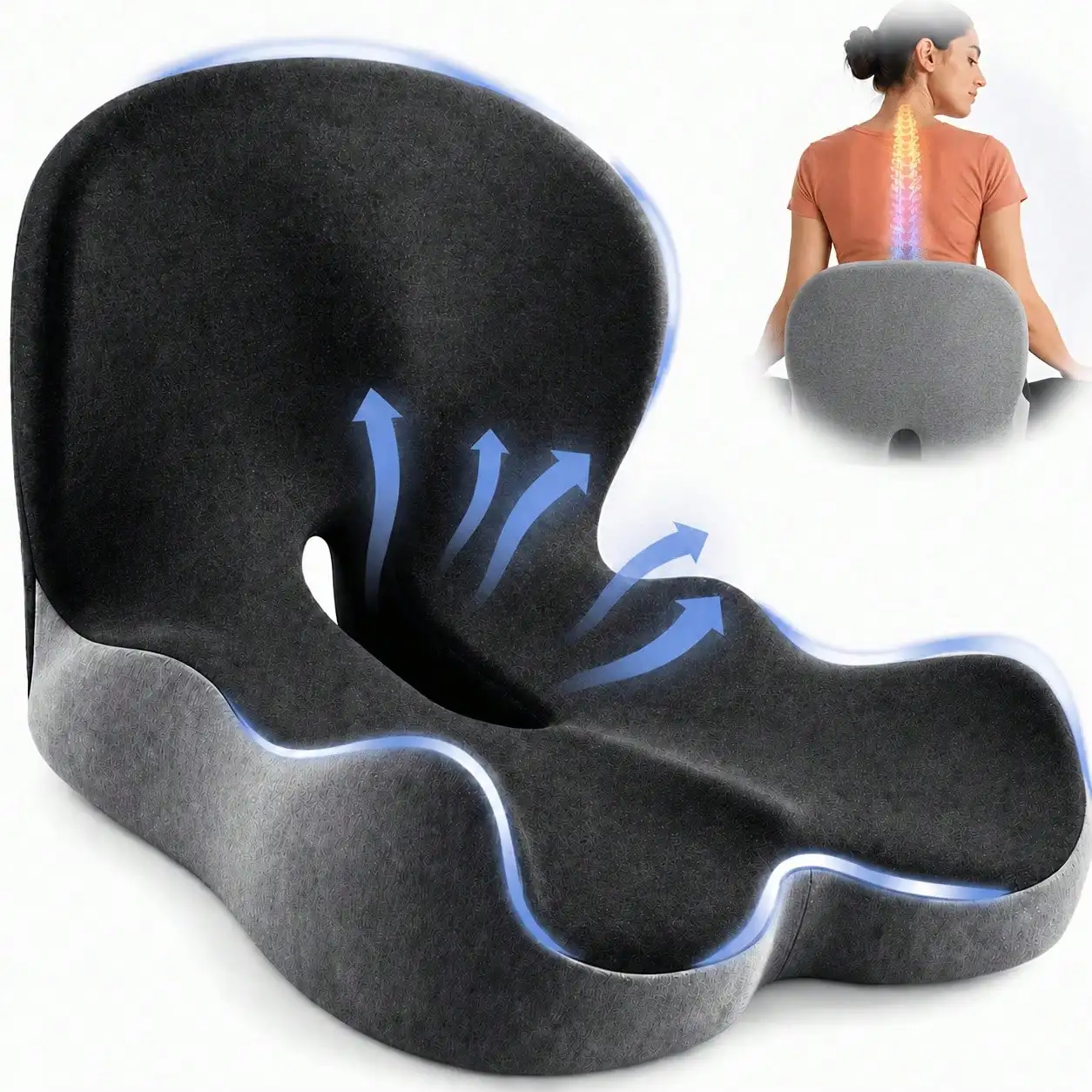Memory Foam Seat Cushion With Back Support Design, Ergonomic, Breathable Hollow Structure, Outdoor Seat Cushion, Car Seat Cushion, Office Chair Seat Cushion, Office Decor And Accessories, Office Supplies And Accessories, Seat Cushion For Long Sitting