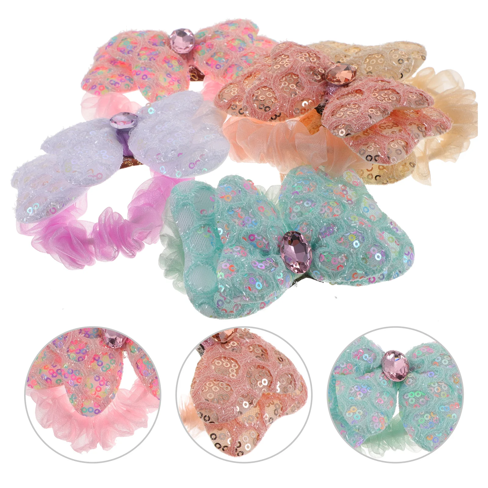 

5pcs Sequin Butterfly Clips Cute Elastic Ponytail Holders for Girls Bows Decor Accessories Bright Color Toddler Hair Ties Girl