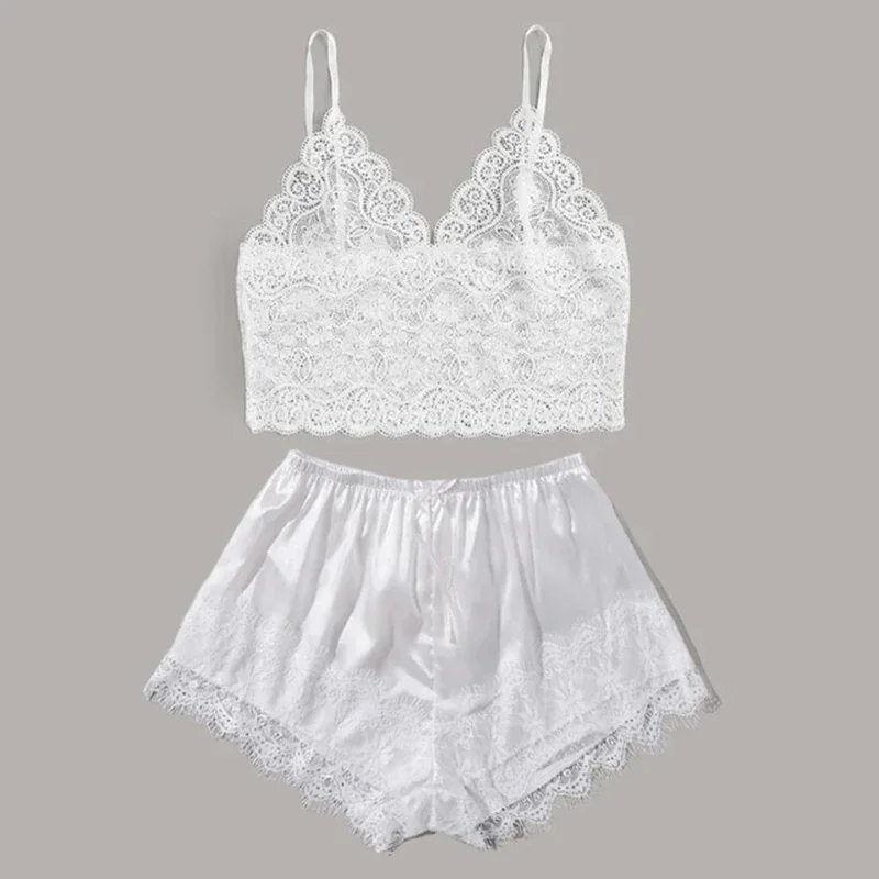4PCS frauen Lange Pyjamas Set Weiß Spitze Satin Seide Nacht Dessous Tops Und Shorts Casual Nachtwäsche Lose Hochzeit hause Kleid