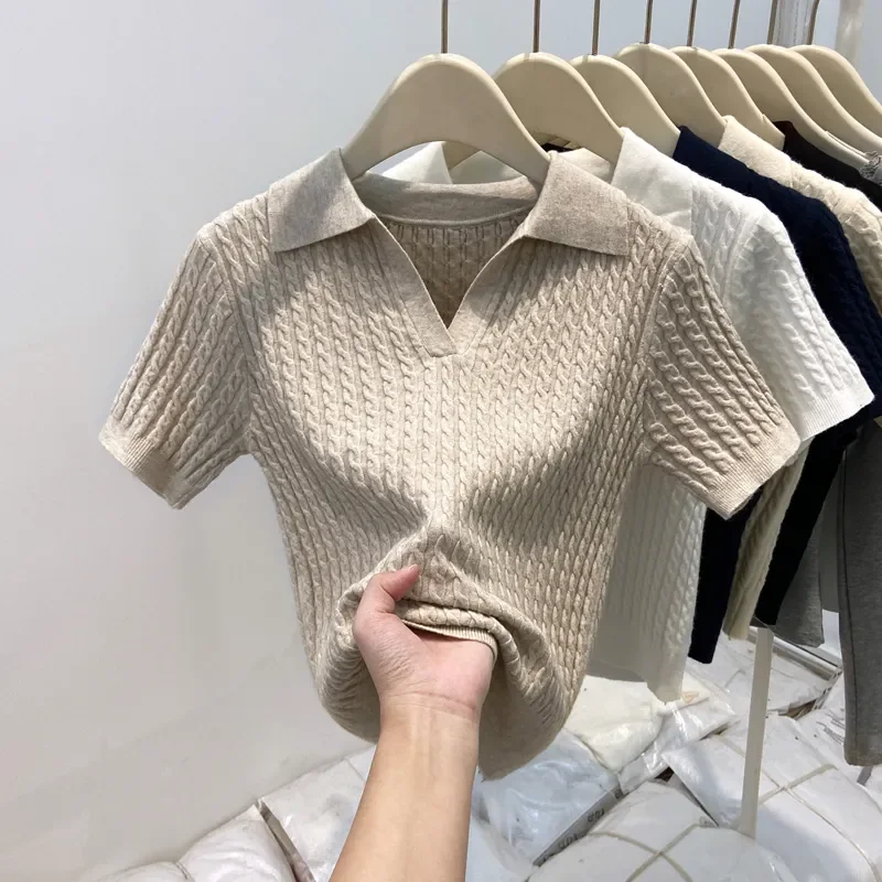 

Вязаный свитер с воротником-поло, женская футболка с коротким рукавом, высококлассные облегающие корейские шикарные топы, женская одежда в стиле пэчворк, тонкий пуловер