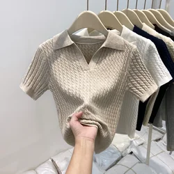 Polo Neck Knit Sweater Women Short Sleeve T-shirt High-end Slim Korean Chic High-end Tops Patchwork Women Clothing Thin Pullover