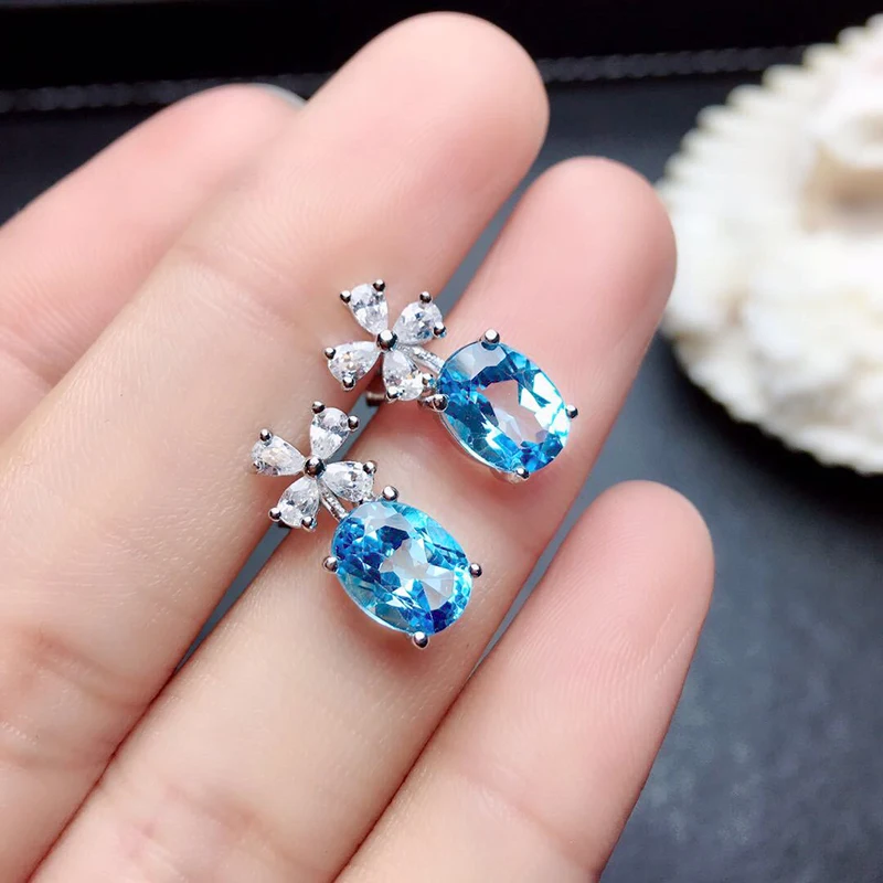 Huitan Fancy Sky Blue Stone Flower Earrings for Women Daily Wear Exquisite Girls Ear Accessories Birthday Gift Statement Jewelry