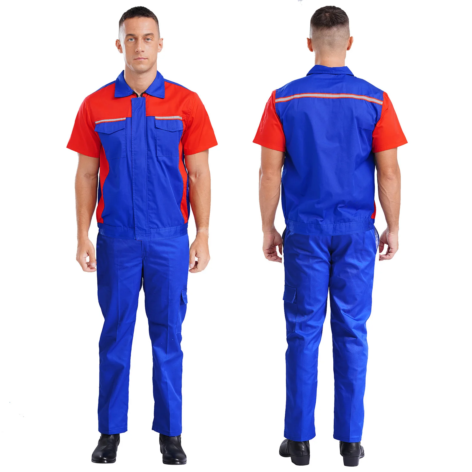Mens Workshop Uniforms Outfit Set Short Sleeve Front Zip Pockets Reflective Stripes Top And Pants Dungarees Sanitation Workwear