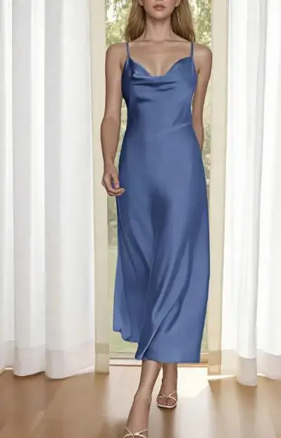 2023 فستان نسائي أنيق جديد من الساتان خلات مثير بحمالات فرنسية فستان طويل ملابس نسائية #6