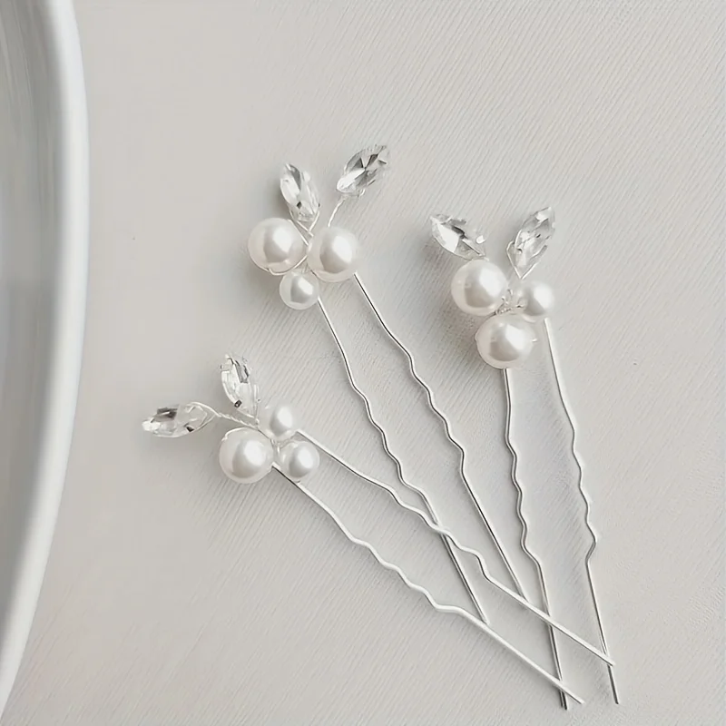 3Pcs Hair Pin Clip Set U Style Crystal Pearl Hair Clip Hairpin Bridal Wedding Hair Accessories Jewelry Pin Clip Hairpin Set Gift