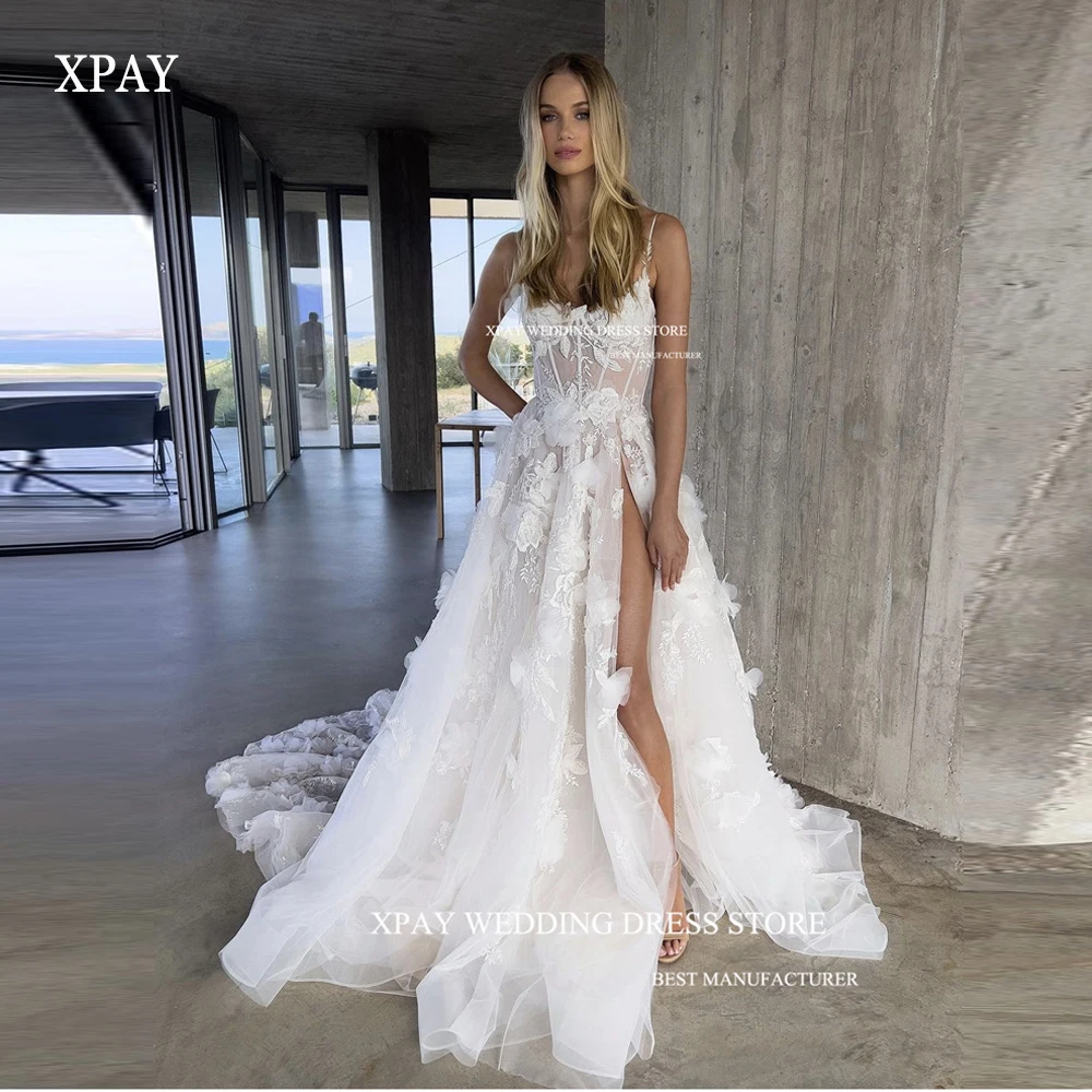 

XPAY Princess 3D Flowers A Line Wedding Dresses Sweetheart Lace Spaghetti Straps Split Court Train Bridal Gowns Robe de mariee