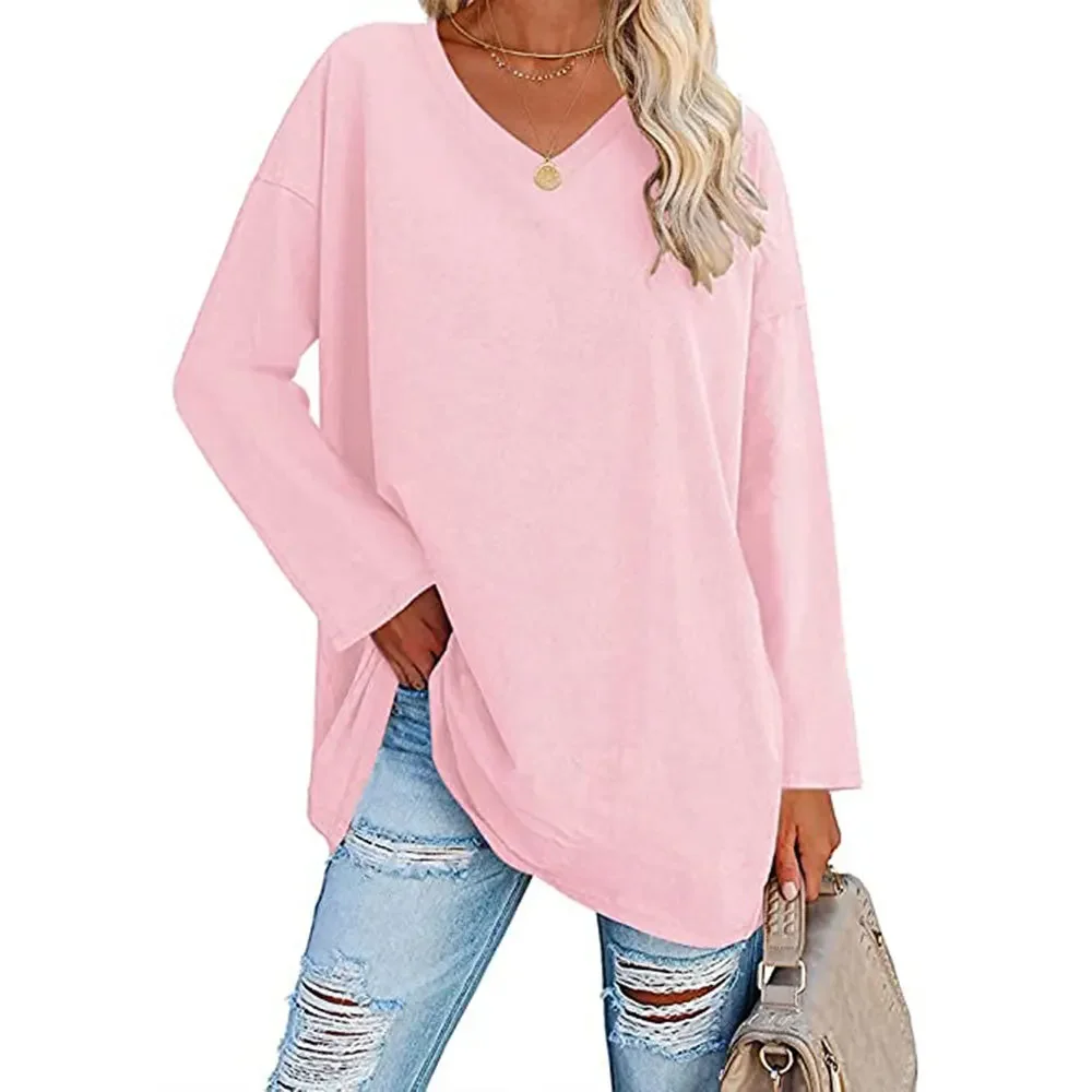Customizable Loose Long Sleeve Fashion V-neck Knit Top Large Plus Size Tops Women Autumn Summer Solid Blouse Long Sleeve V Neck