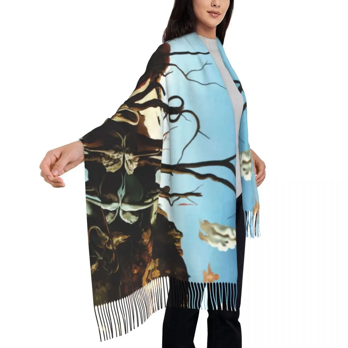 Custom Lady Large Swans Reflecting Elephants By Salvador Dali Scarves Winter Thick Warm Tassel Shawl Wrap Painting Art Scarf