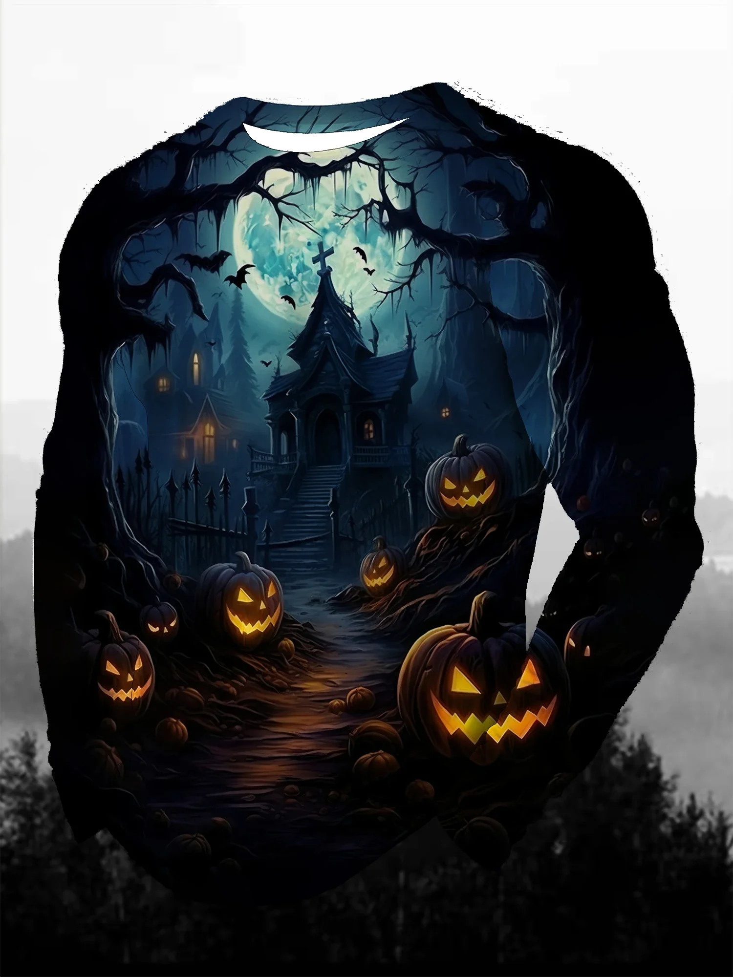 Halloween Festival Men Long Sleeve T‑Shirt Scary Pumpkin Ghost Castle Bat 3D Print Casual Party Crew Neck Tee Shirts