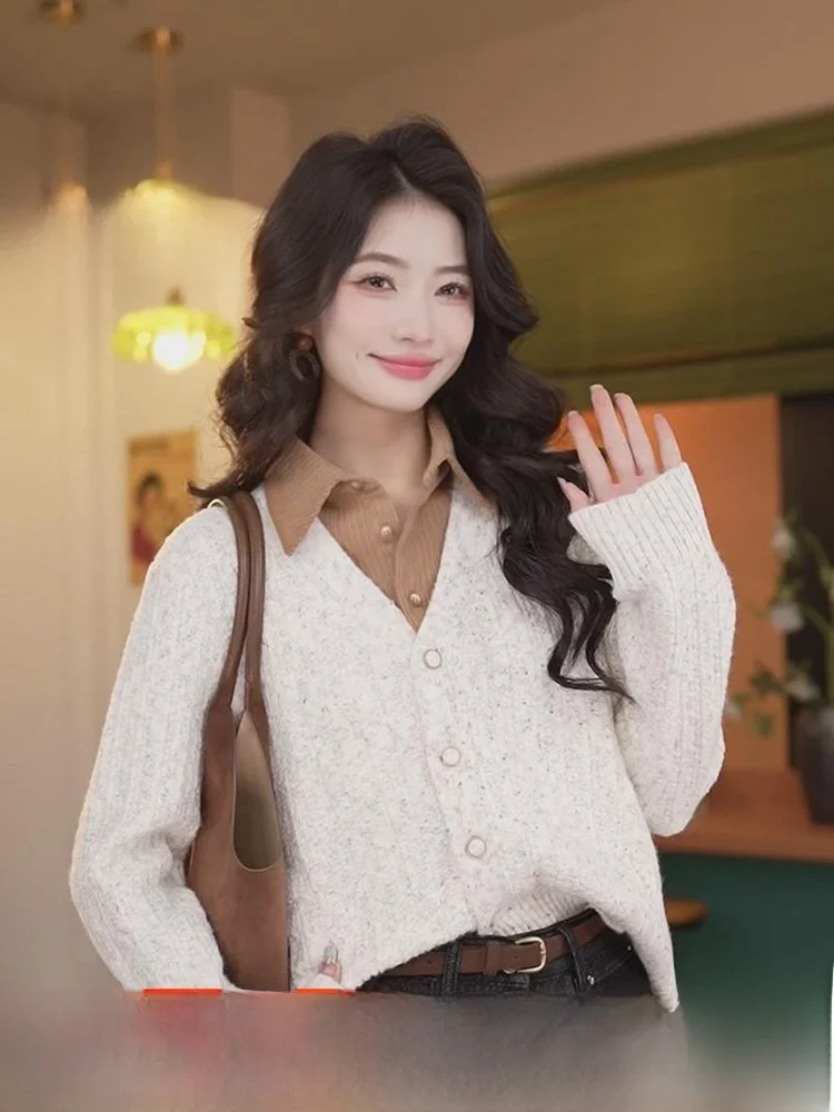 

Вязаный свитер в стиле ретро с ванильным латте, женский свободный топ с лоскутным узором, имитация двухслойного кардигана, длинный кардиган, осень-зима, новинка...