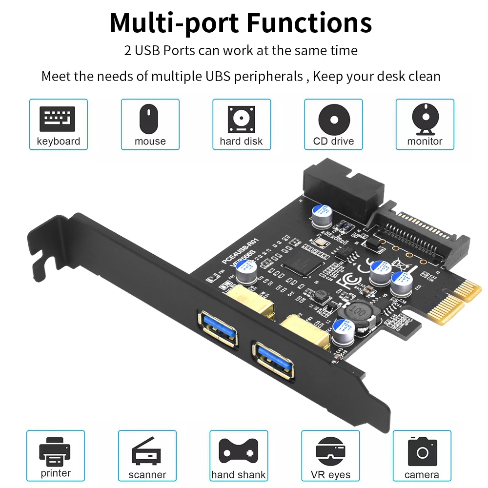 TISHRIC PCIE 1X إلى Usb 3.2 2 Port USB3.2 Gen 1 19Pin محول بطاقة التوسعة USB3.0 Hub PCI Card Mastercontrol D 720201