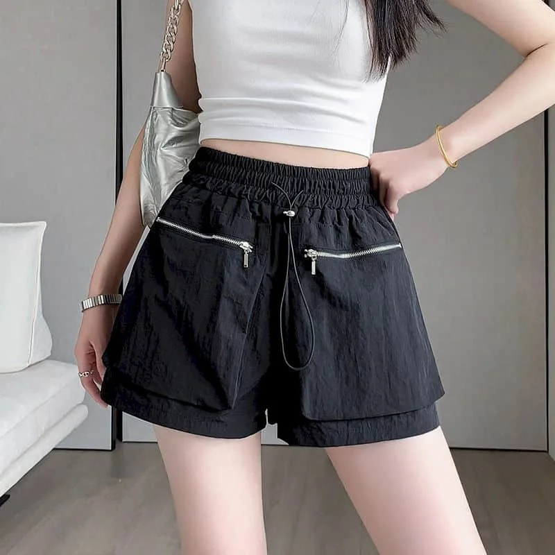 

Solid Shorts Women Casual Loose Parachute Wide Leg Shorts Safari Style Drawstring Elastic Waist Pants Streetwear Women Clothing