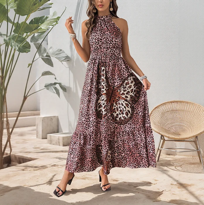 

Sleeveless hanging collar butterfly pattern leopard print dress