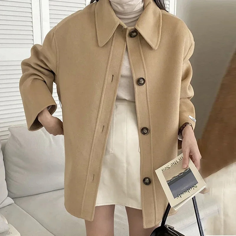 Chic Thicken Woolen Jacket Women with Belt  Winter Fall Turn-down Collar Blends Coat Ladies Loose Khaki Outfit Autumn Korean