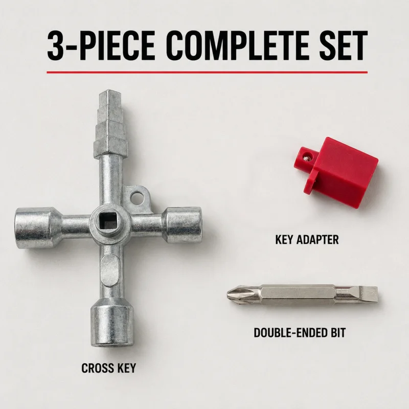 3‑Pcs 4‑Way Utility Cross Key Set with Screwdriver Bit for Water Gas Meter Cabinet Valve Wrench