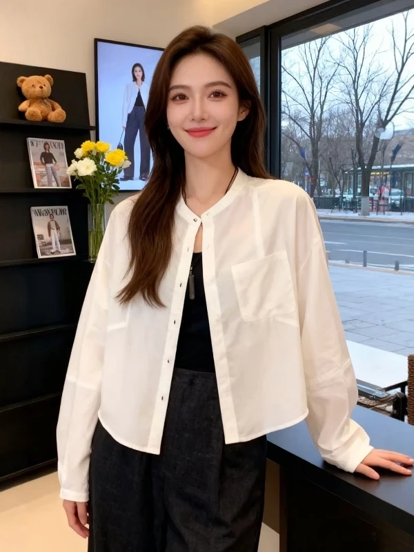 

Белый длинный кардиган Ele для женщин, весна 2026, больших размеров, свободный крой, для офиса и повседневной носки, корейская версия, круглый вырез