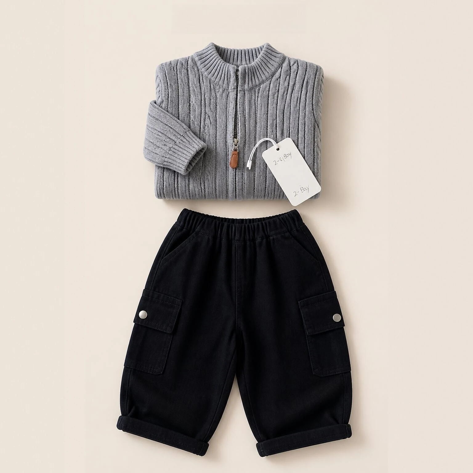 2026 Korean Casual Autumn New Boys' Long Sleeved Cardigan and Black Loose Wide Leg Pants Two Price Sets