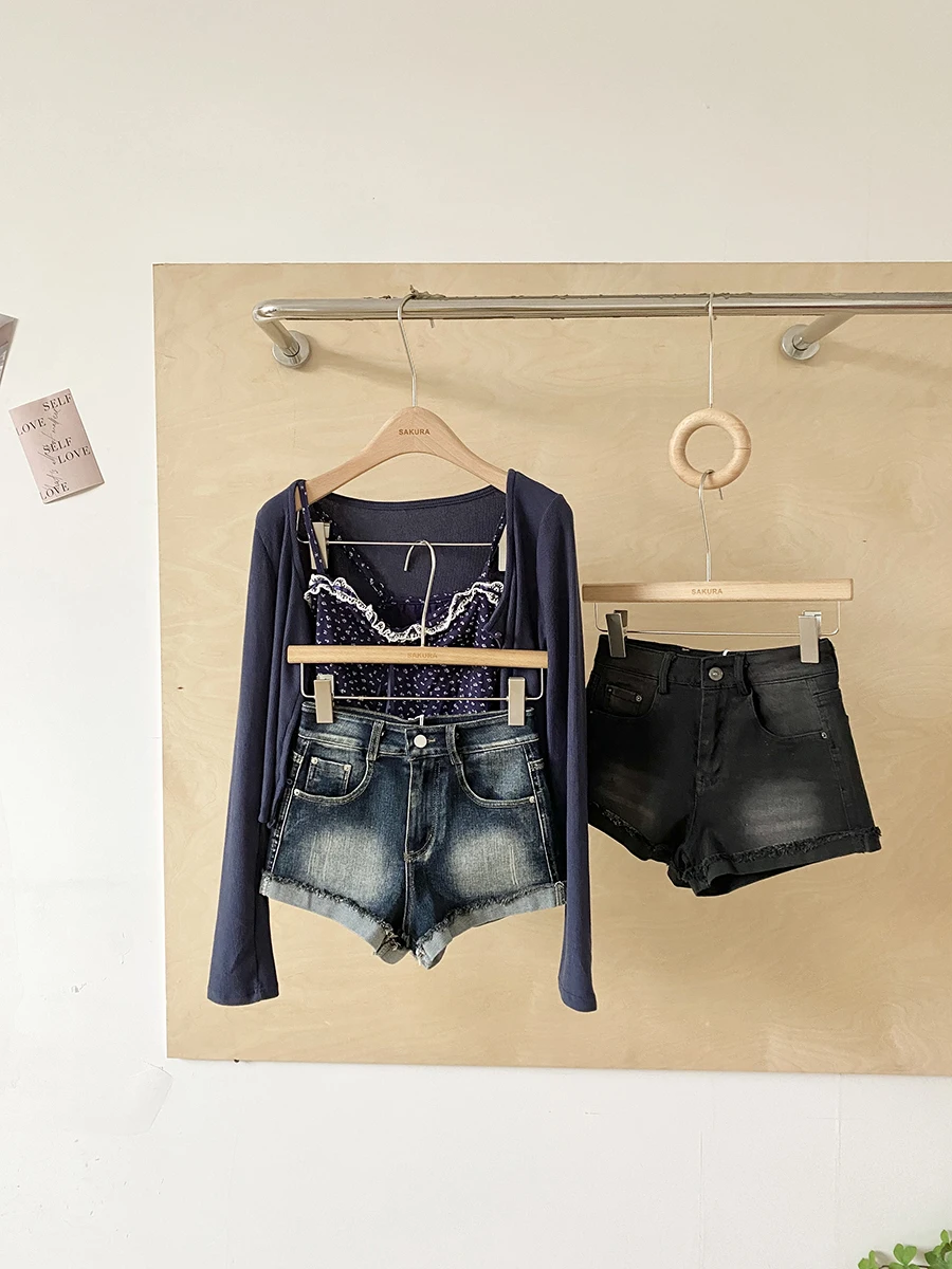 

High Waist Slim Fit Denim Shorts Women's Spring 2026 New American Blue Elastic Wide Leg Short Hot Pants Commute Style Polyest...