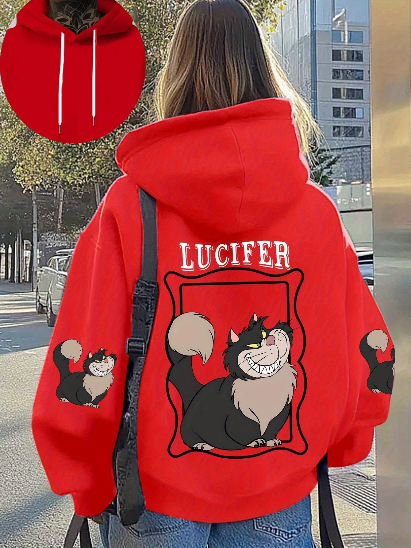 Women's Disney 101 Dalmatians Lucifer Hoodies Cotton Cozy Fleece Hoody Sweatshirt Pullover Autumn Winter Coats Oversized Jacket