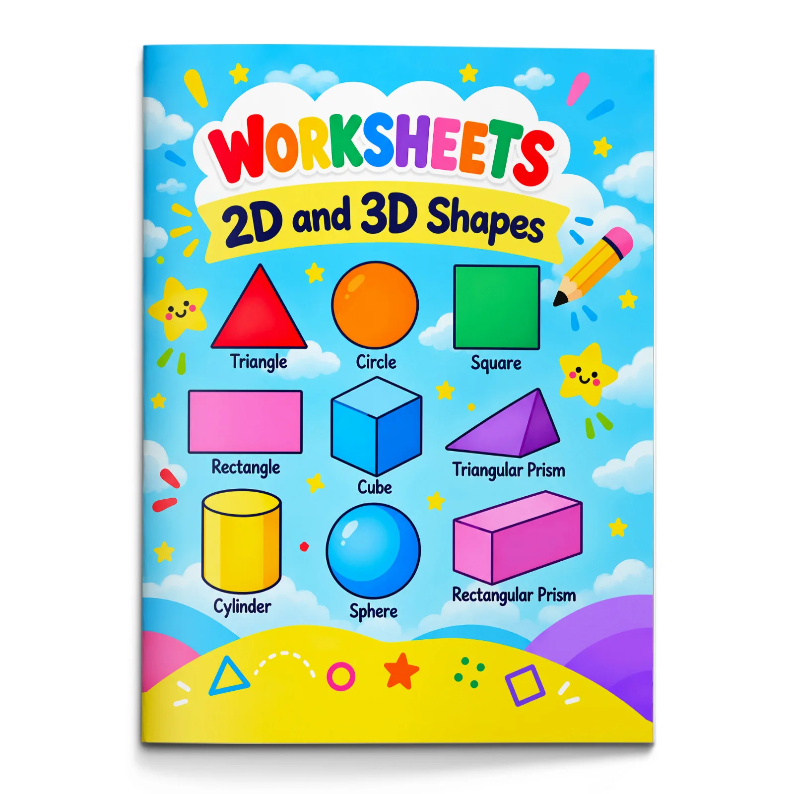 2D & 3D Shapes Math Worksheets for Kids, Early Geometry Activity Book with Shape Recognition, Trace, Draw, Color, Sides and
