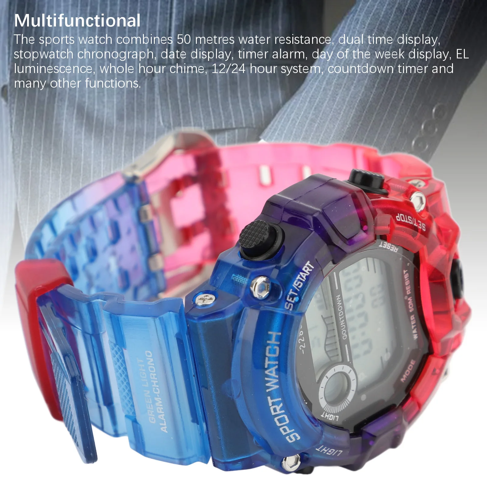 Dual Time Chronograph Watch Multifunction Round Digital Watch 50m Water Proof Electronic Watch Luminous Countdown for Outdoor