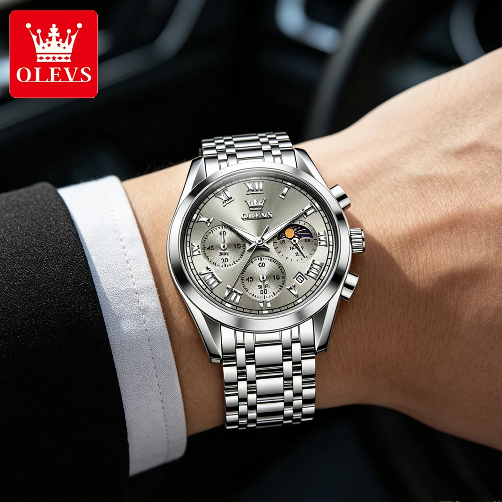 OLEVS Original Men Watch Multifunctional Two Tone Watch Fashion Business Analog Quartz Watch Stainless Steel Waterproof 2871
