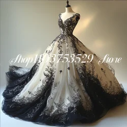 Gothic Vintage V-neck Prom Dress Black and White Ball Medieval Masquerade Lace Appliques robes de soirรฉe Customised