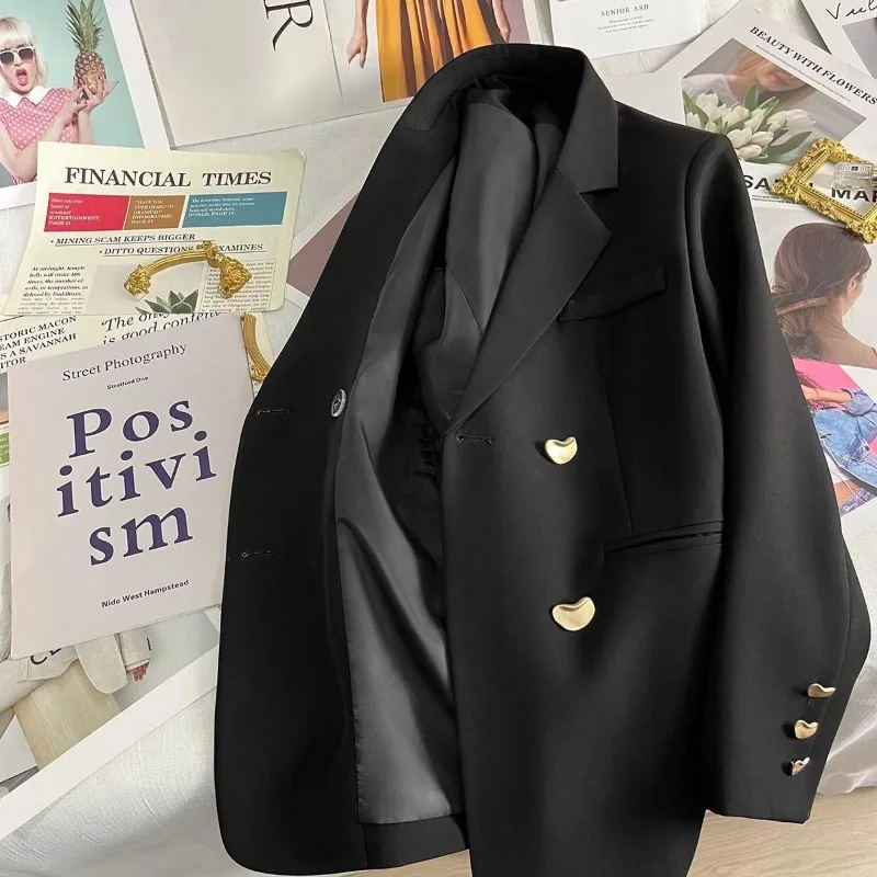 DAYIFUN 2023 Autumn Blazers Lady New Versatile Fashion Long-sleeve Solid Suit Coats Women Loose Fit British Mid Length Jackets