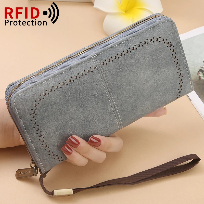 RFID Anti-Theft Long Wallet for Men and Women; 2025 Cross-Border New Version; Large Capacity Mobile Phone Bag; Vintage Hollowedo