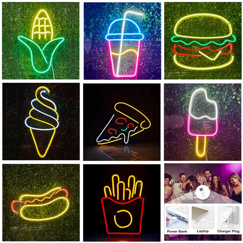 

Custom Dessert Neon Signs Restaurant Business Decor Neon Light USB Lamp Hamburger French fries Hot Dog Pizza Ice Cream Milk Tea