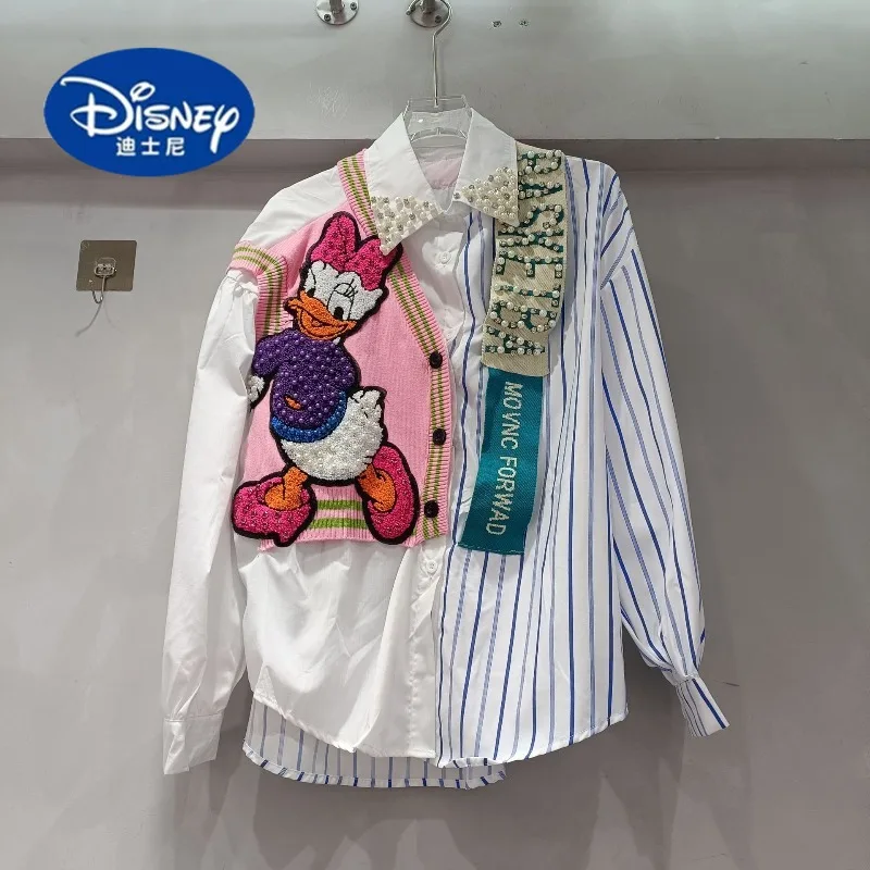 

Disney Color Block Heavy Duty Cartoon Shirt Women 2025 Early Spring Fashion Loose Versatile Letter Patchwork