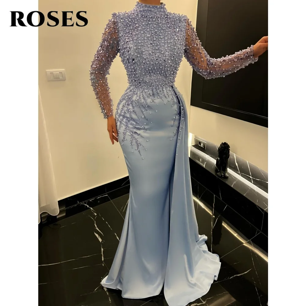 

ROSES Glitter Dusty Blue High Prom Dresses Trumpet Gala Dresses with Sequins Satin Saudi Arabic Evening Party Gowns Customized