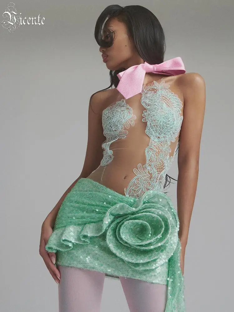 VC Sheer Mesh Floral Embroidered Sequined Draped Mini Dress – Women’s Avant-Garde Mesh Dress with Petal Design