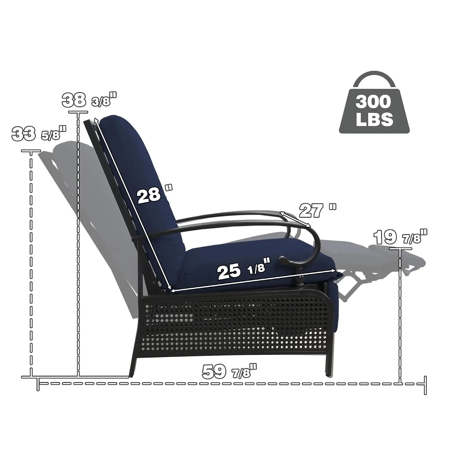 Adjustable Outdoor Lounge Chair with Cushion & Extendable Metal Frame for Patio Sunbathing Reading, Navy, Customized