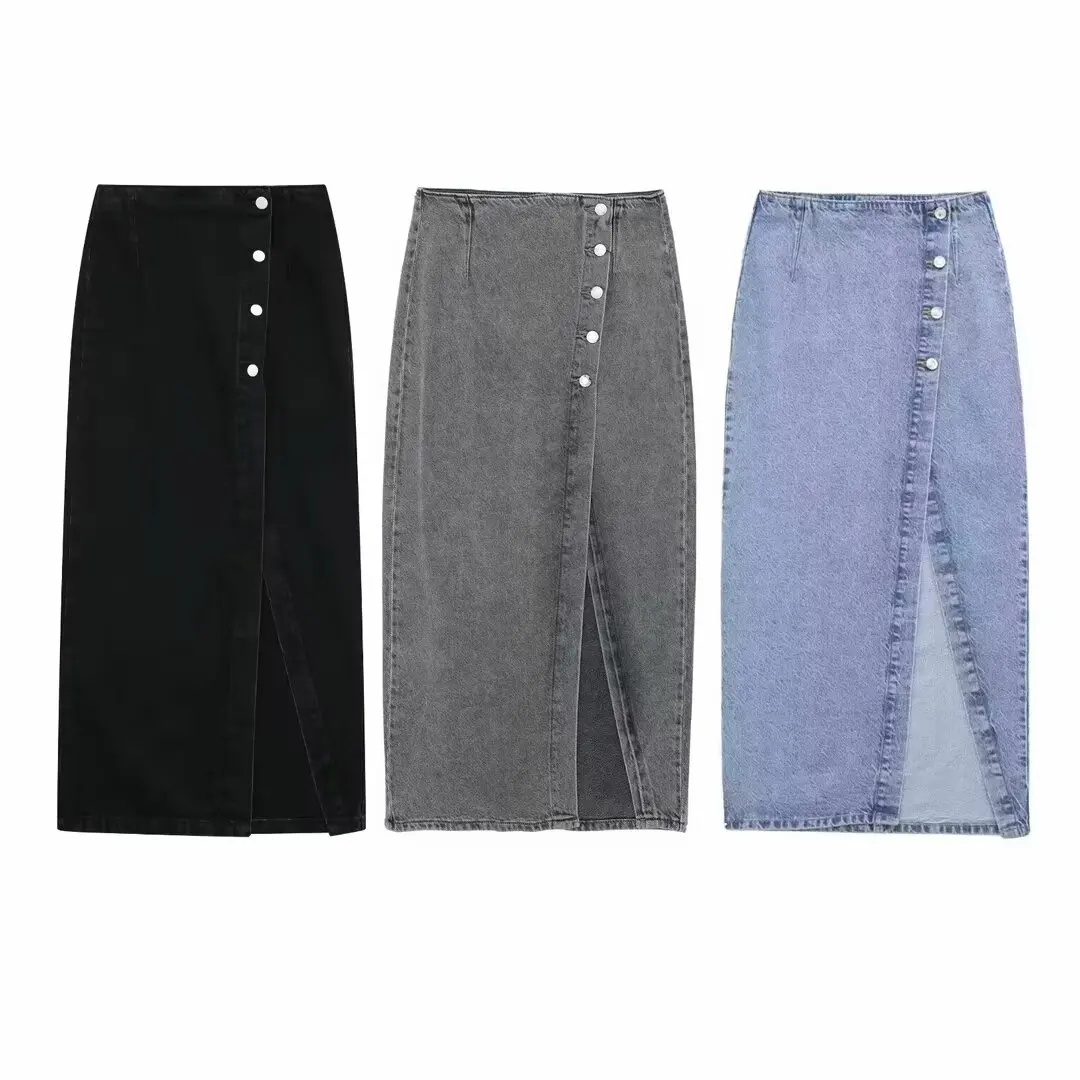 Tangada 2024 New Women Gray Denim Midi Skirt Buttons Vintage Ladies Chic Sexy Skirts 3H0164