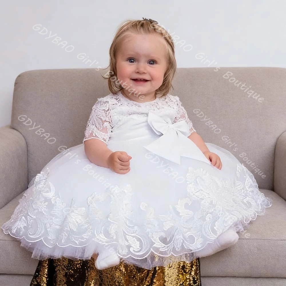 Newborns Lace Baptism Dress with Bow Round Neck Short Sleeves Christening Dress for Infants Ball Gown Long Wedding Flower Girls