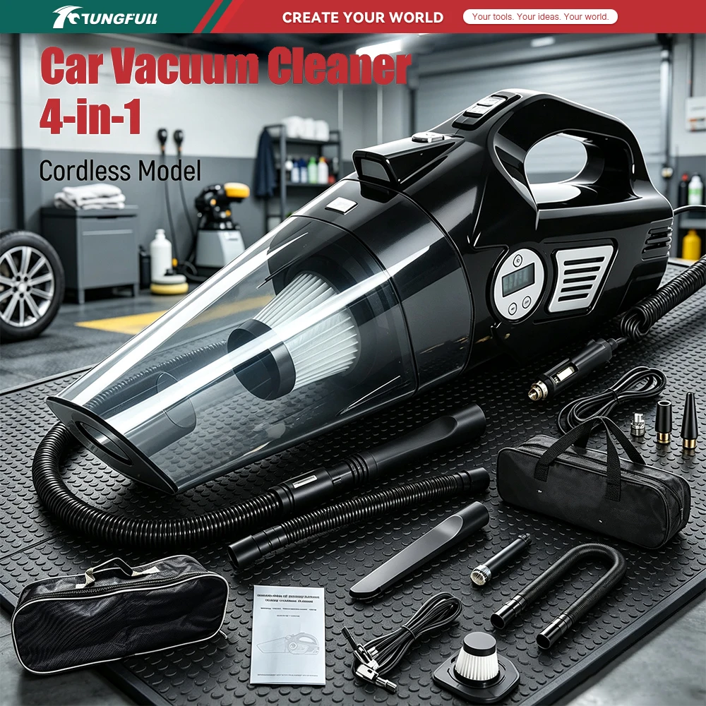 4‑in‑1 Car Vacuum Cleaner Digital Tire Inflator Air Compressor 12V Wired / Cordless Handheld Auto Vacuum For Car Cleaning Inflat