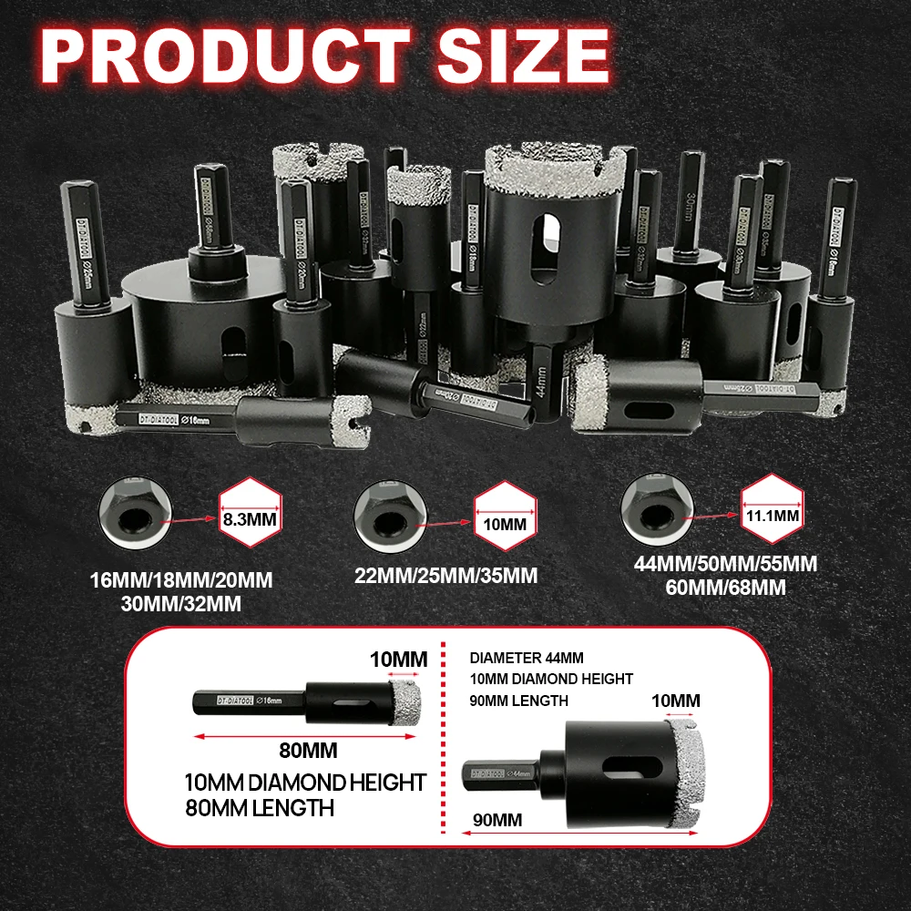 DT-DIATOOL 1szt Wiertło diamentowe z chwytem sześciokątnym Otwornica Wiertła rdzeniowe Płytka ceramiczna do wiercenia rdzeniowego z granitu i marmuru
