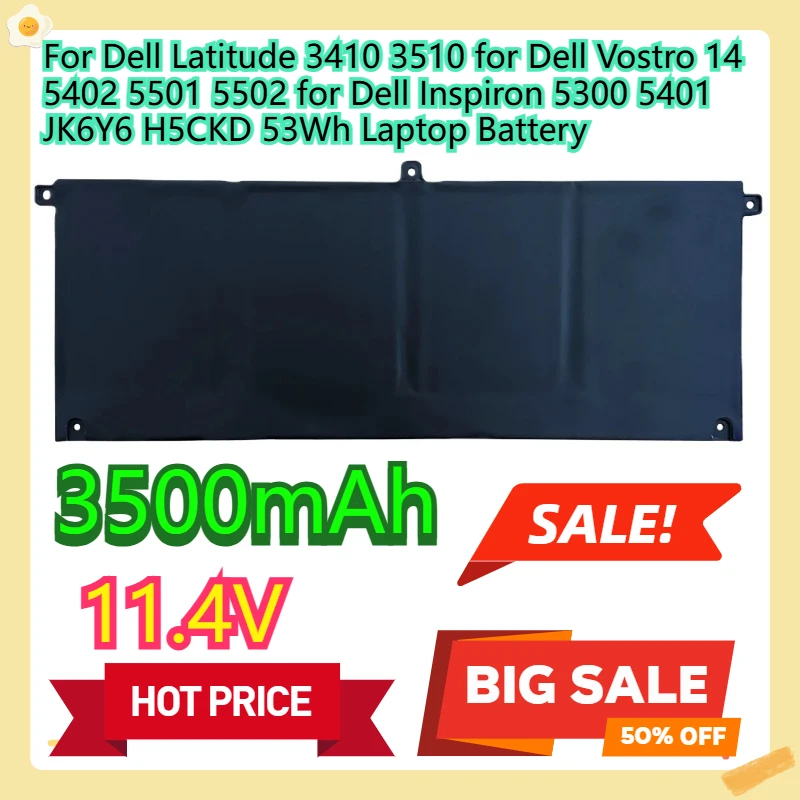 

For Dell Latitude 3410 3510 for Dell Vostro 14 5402 5501 5502 for Dell Inspiron 5300 5401 JK6Y6 H5CKD 53Wh Laptop Battery