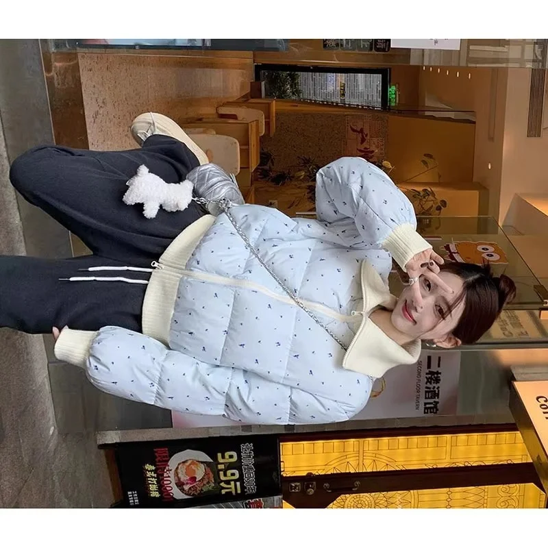 

Ladies New Fashion Temperament Lapel Zipper Fake Two Pieces Floral Cotton-Padded Jacket Coat Winter Retro Padded Warm Bread Coat