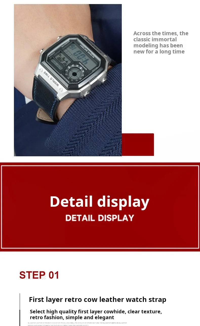 Retro-Uhrenarmband aus echtem Leder für Casio AE1200 AE1300/1000 A158W A168 W-216H, Vintage-Armband aus Rindsleder, 18 mm konvexes Uhrenarmband – Detail 9