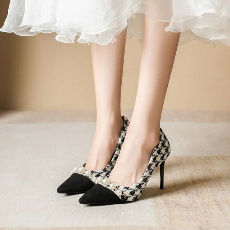 Thousand Bird Lattice High Heels Women 2024 Spring/summer New Pearl Professional Work Shoes Female Temperament Fine Heel Shoes