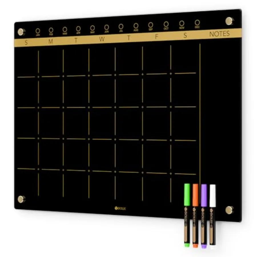 

Black Glass Golden Monthly Dry Erase Calendar Whiteboard for Wall 17" x 23" Frameless Large Planner White Board for Home Kitche