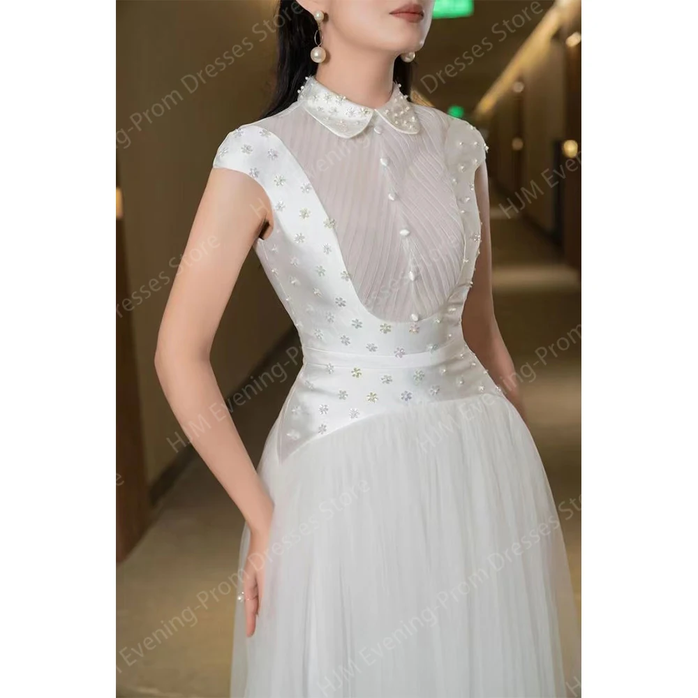 Elegant Beads Evening Dresses for Women Tulle O-Neck Ankle-Length A-Line Long Prom Party Wedding Special Events Gala Dress 2024