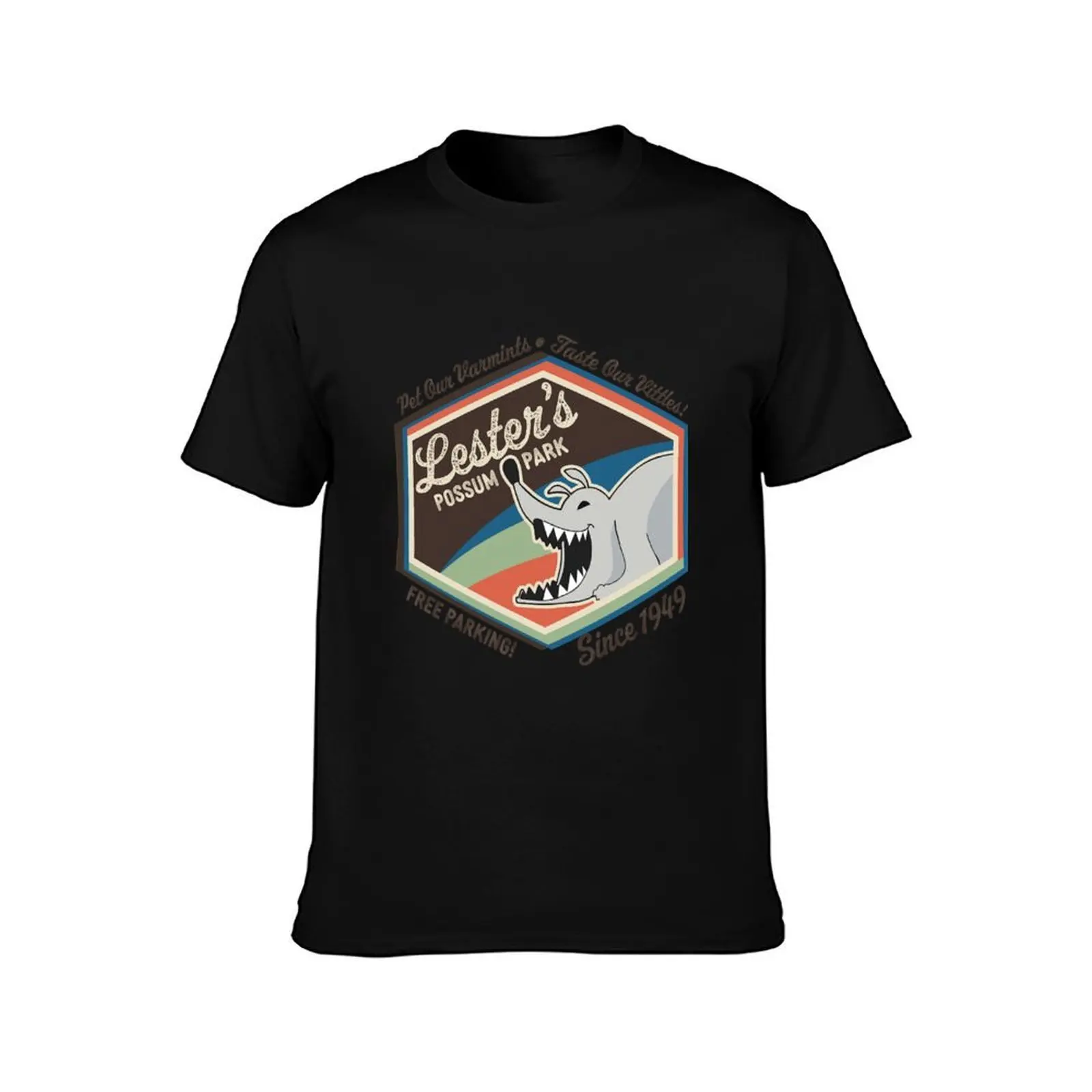 Lester's Possum Park T-Shirt, Summer Casual Cotton Tee, Oversized Streetwear Tops, Vintage Graphic Print, Loose Fit Short Sleeve