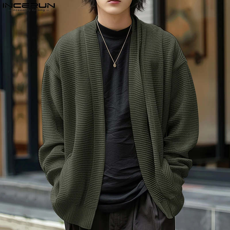 INCERUN 2025 Stylish Men Cardigan Knitted Leisure Solid Loose Long Sleeve Cardigan Streetwear Autumn Male Sweater Outerwear